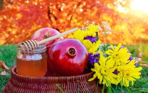 Honey, apple and pomegranate on wooden table over bokeh background